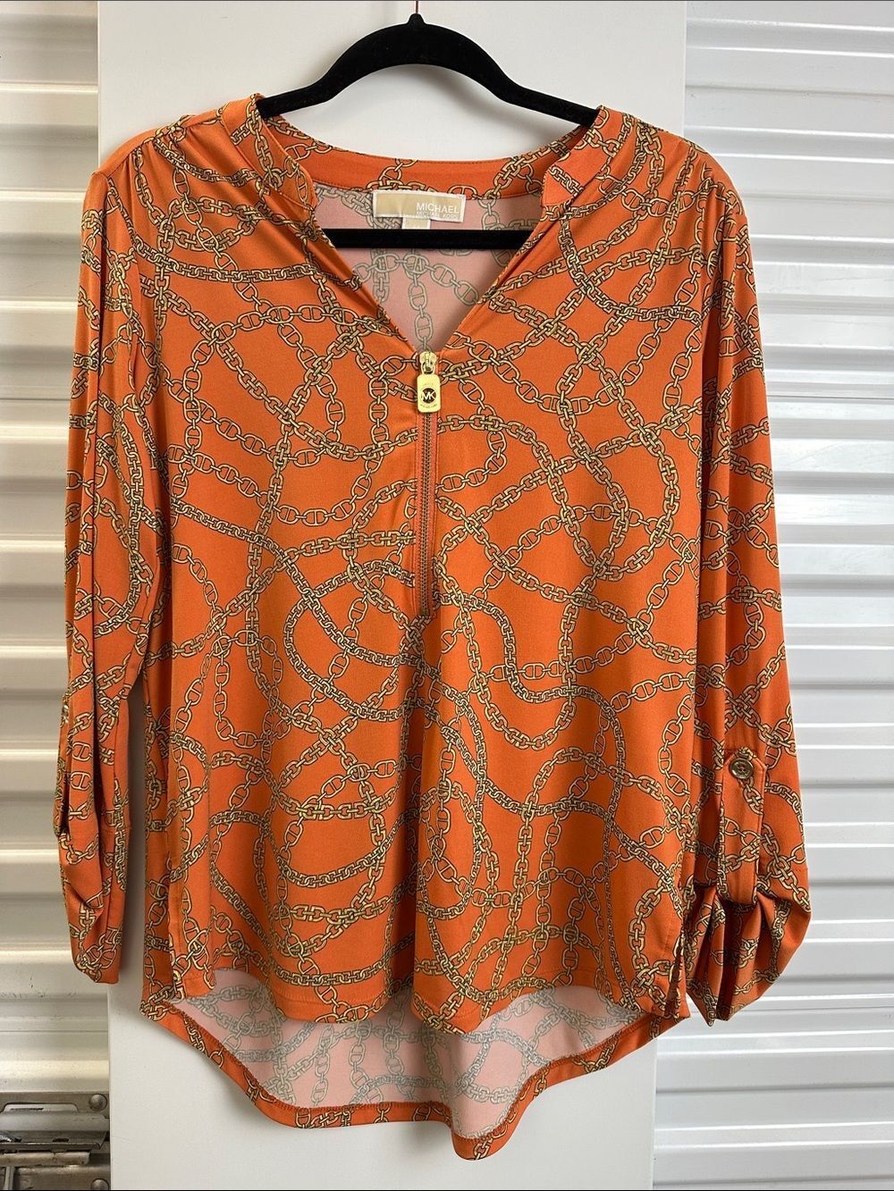 Michael Kors Orange Chain-Print Zip Front Top